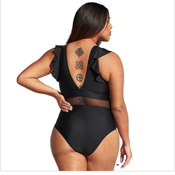 Cupshe Women's 2x NWT Black One Piece Swimsuit Ruffle V-Neck Mesh Waist Detail - Picture 3 of 12